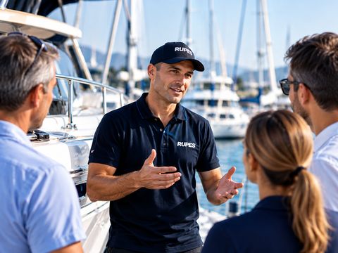 Techniker im Gespräch mit Bootsbesitzern in einer Marina