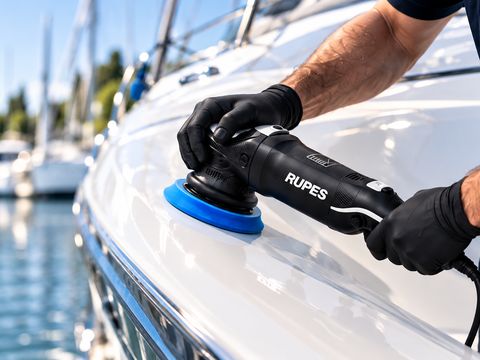 RUPES-Poliermaschine mit blauem Pad im Einsatz an einem weißen Bootsrumpf