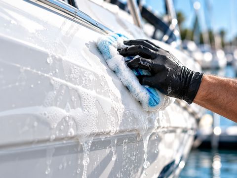 Hand im Handschuh reinigt einen Bootsrumpf mit Schaum und Mikrofasertuch
